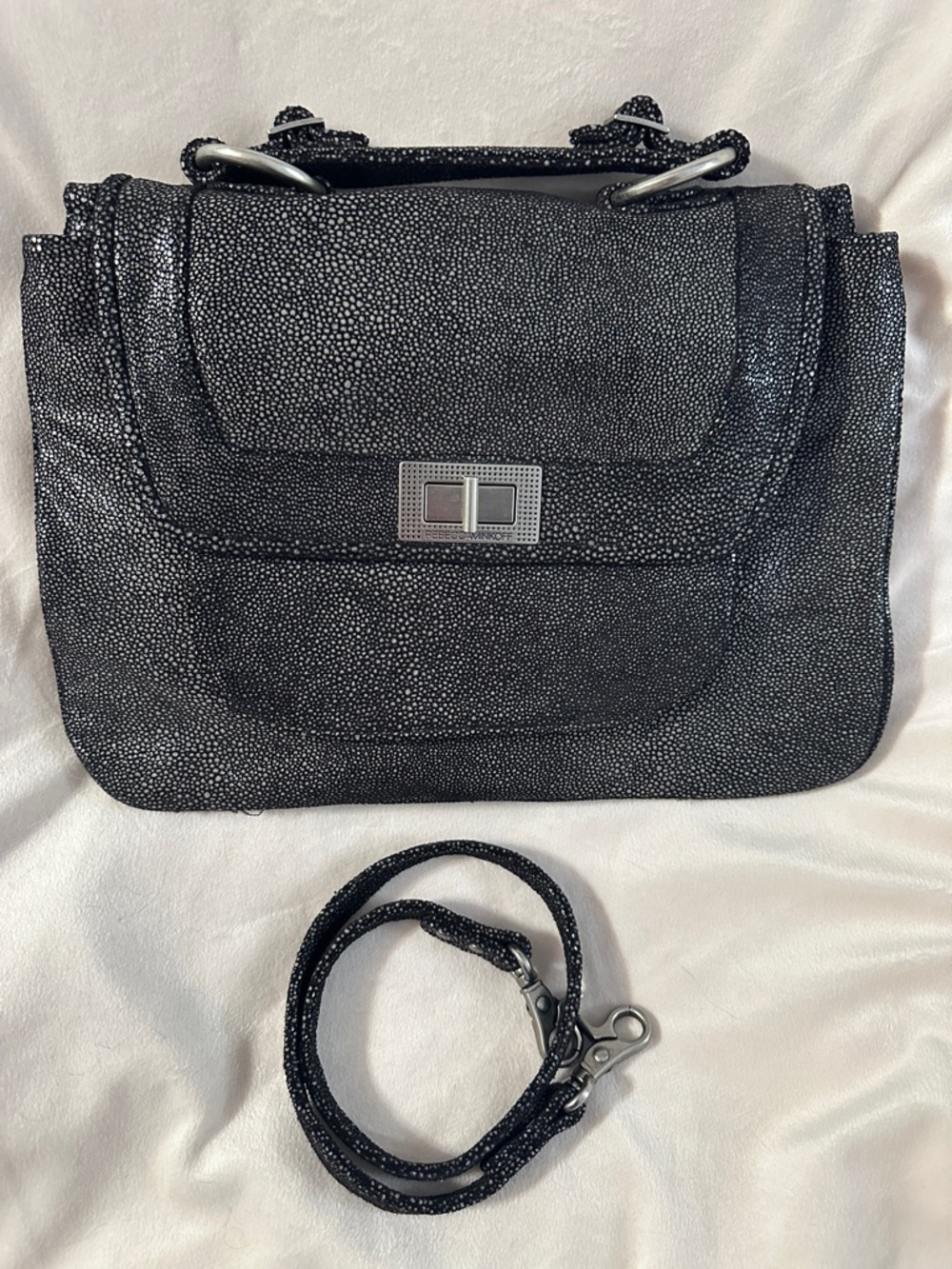 Rebecca Minkoff Black Stingray-Texture Shoulder Bag with Detachable Strap